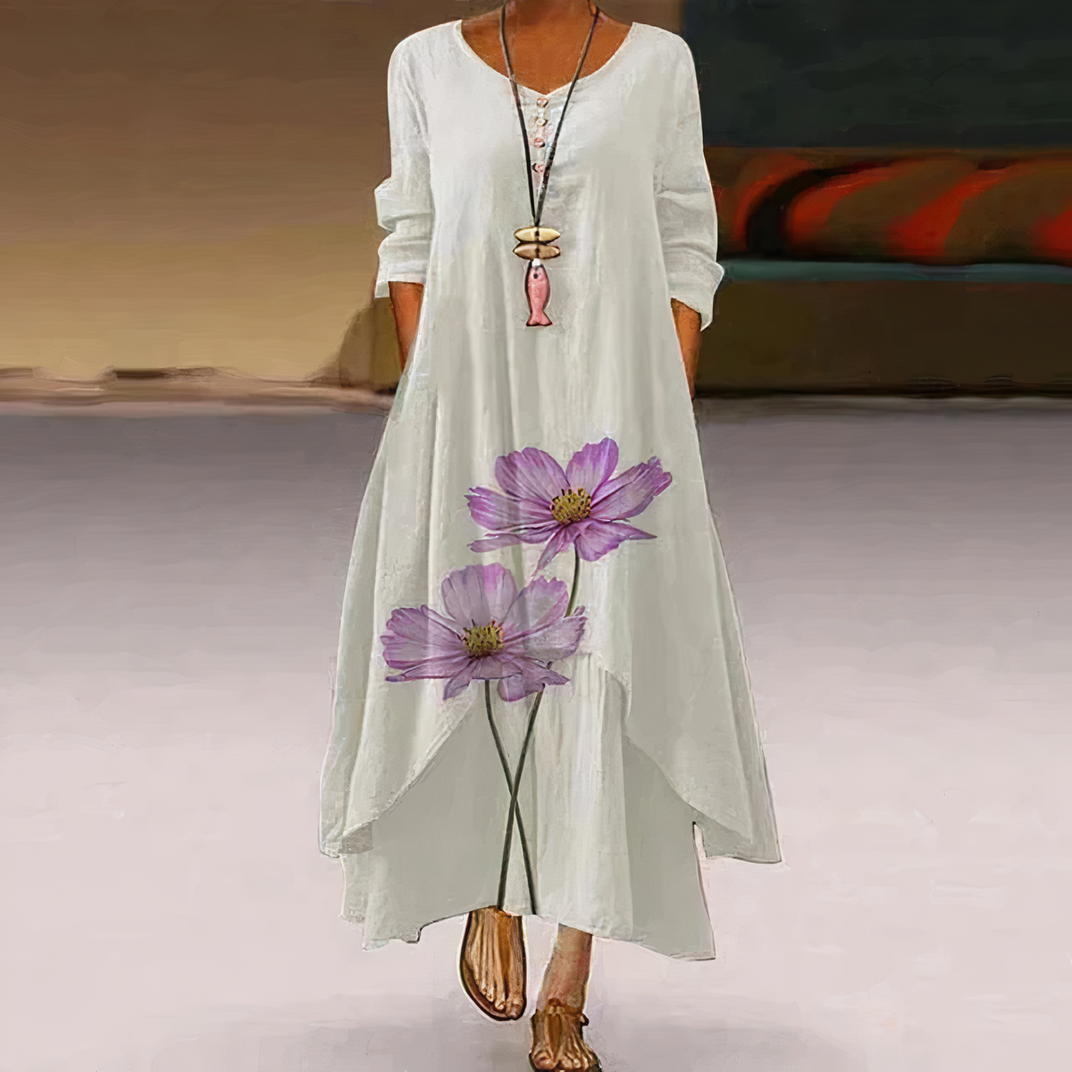 Long Sleeve Dress Women Floral Asymmetric Hem Relaxed Fit | Dione