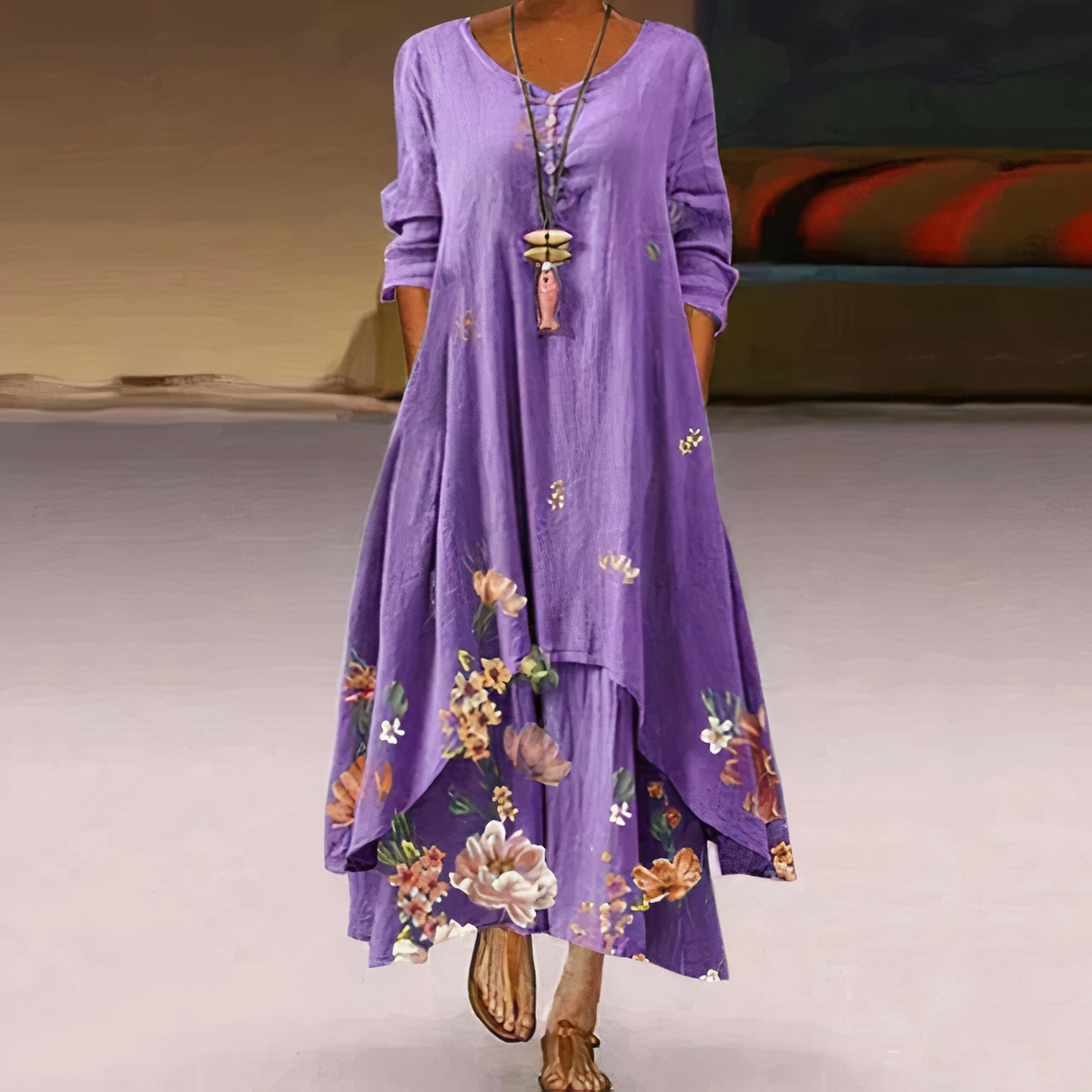 Long Sleeve Dress Women Floral Asymmetric Hem Relaxed Fit | Dione