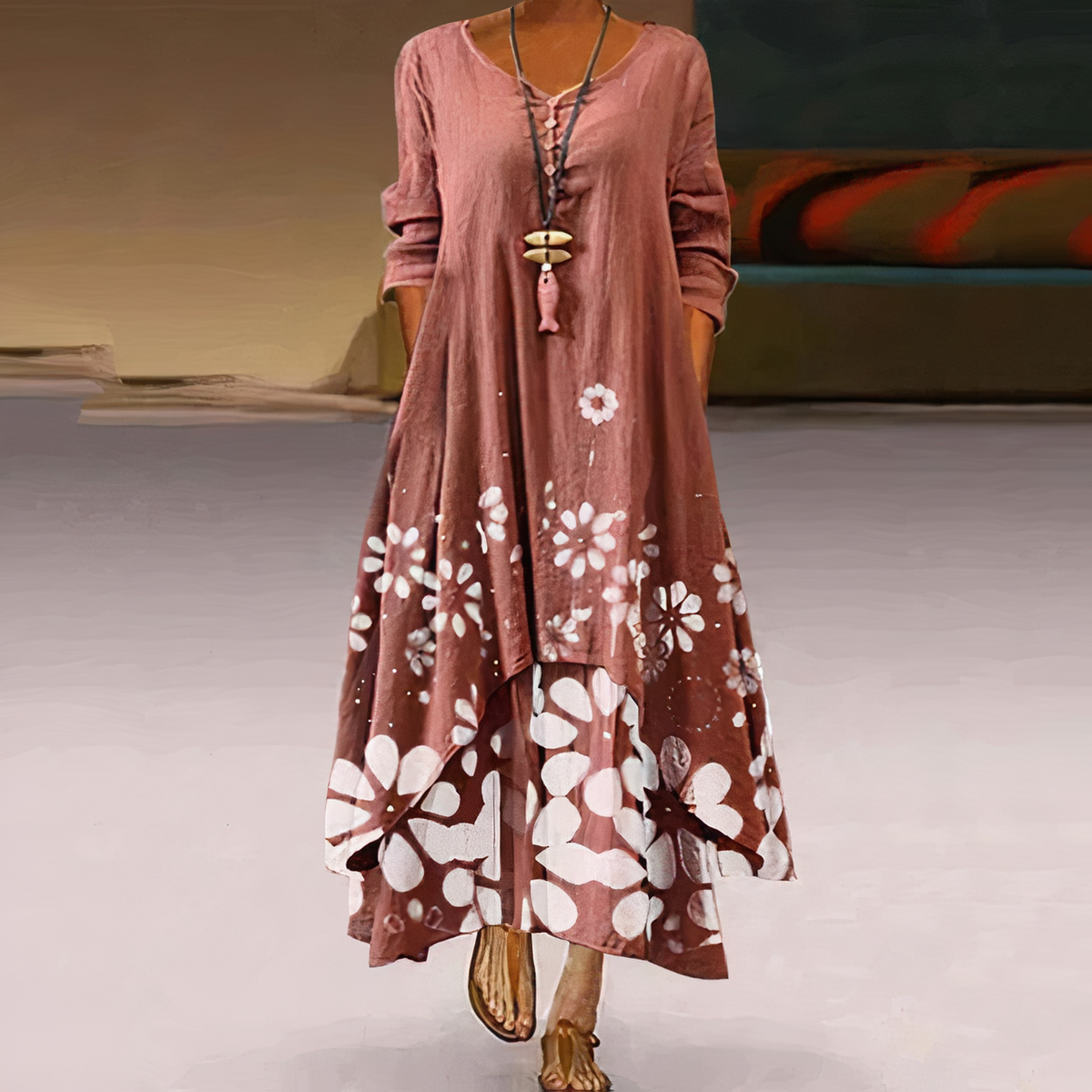 Long Sleeve Dress Women Floral Asymmetric Hem Relaxed Fit | Dione