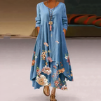 Long Sleeve Dress Women Floral Asymmetric Hem Relaxed Fit | Dione