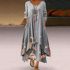 Long Sleeve Dress Women Floral Asymmetric Hem Relaxed Fit | Dione