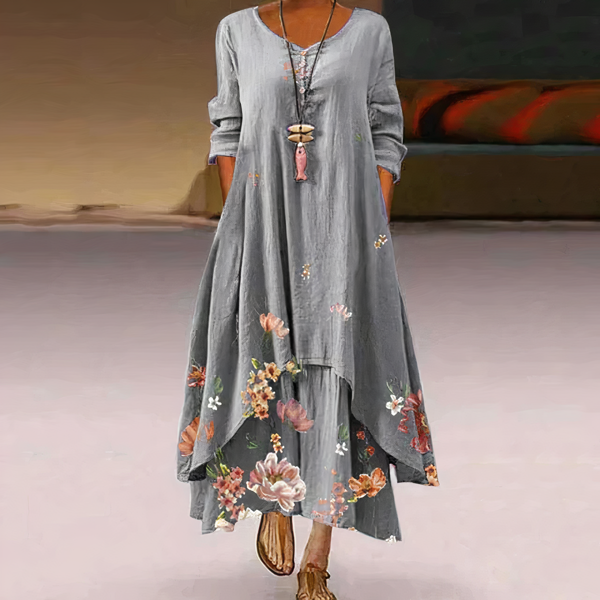 Long Sleeve Dress Women Floral Asymmetric Hem Relaxed Fit | Dione