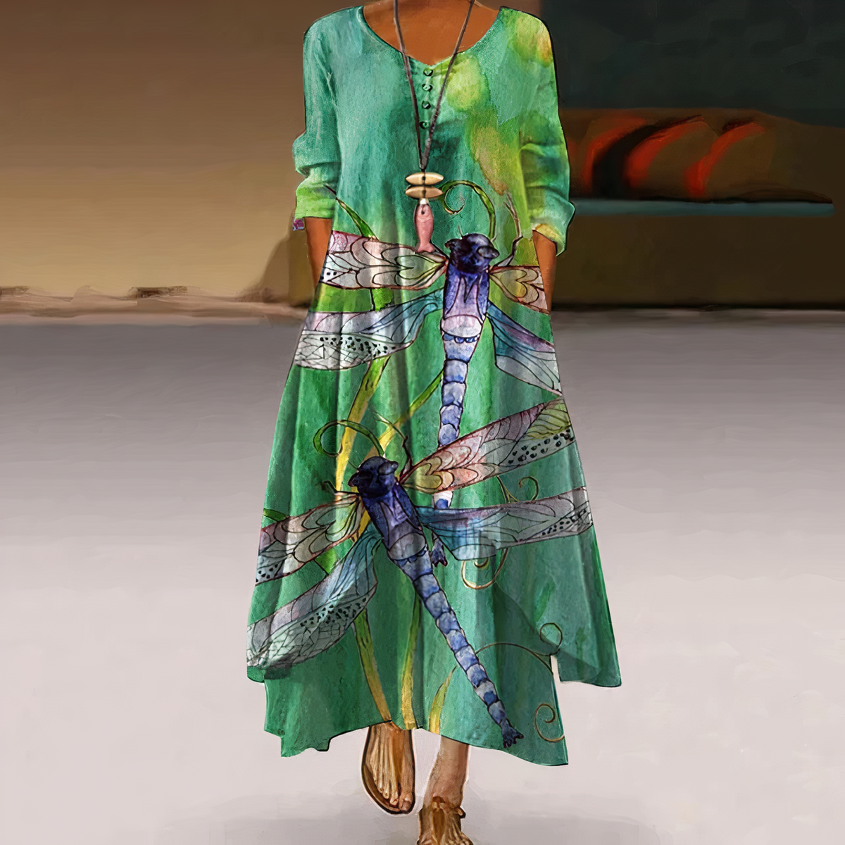 Long Sleeve Dress Women Floral Asymmetric Hem Relaxed Fit | Dione