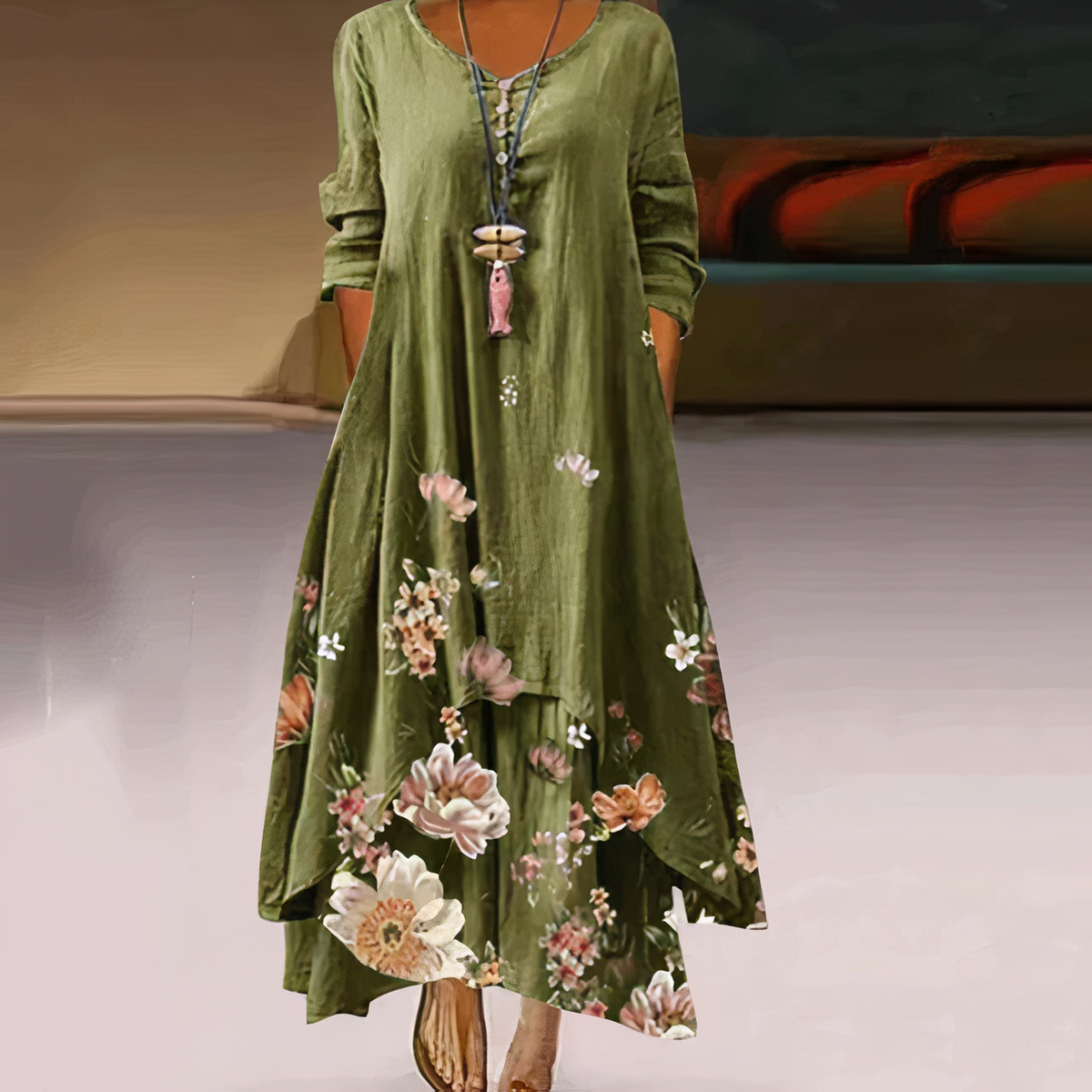 Long Sleeve Dress Women Floral Asymmetric Hem Relaxed Fit | Dione