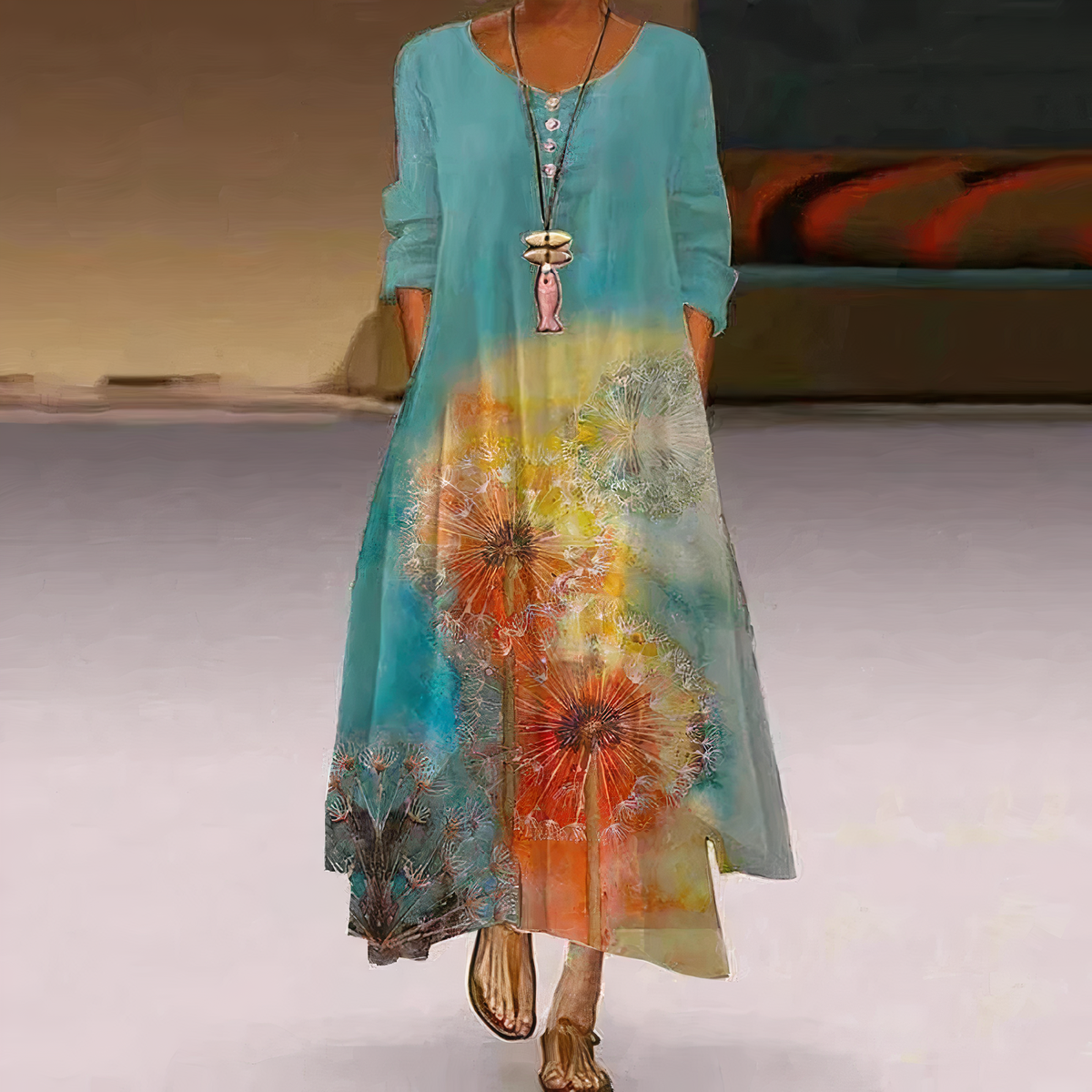 Long Sleeve Dress Women Floral Asymmetric Hem Relaxed Fit | Dione