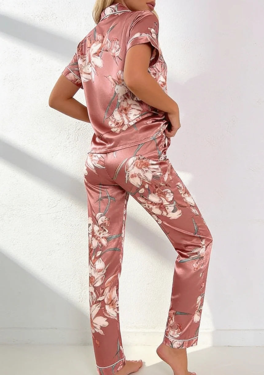 Satin Pajamas Women Floral Print Button Up Short Sleeve Two Piece Set