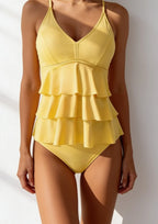 Tankini Women Two Piece Solid Ruffle Long Top Tummy Coverage