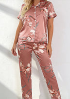 Satin Pajamas Women Floral Print Button Up Short Sleeve Two Piece Set