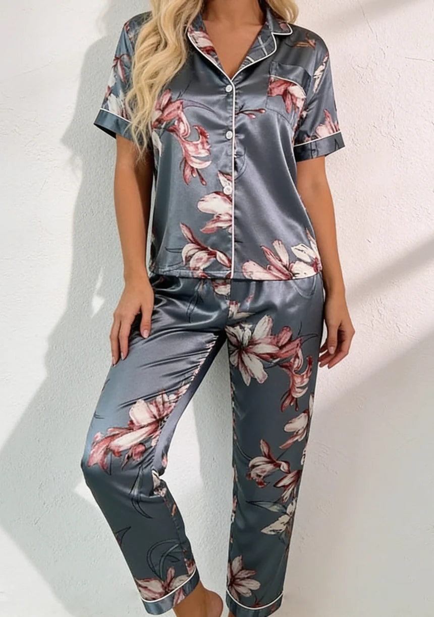 Satin Pajamas Women Floral Print Button Up Short Sleeve Two Piece Set