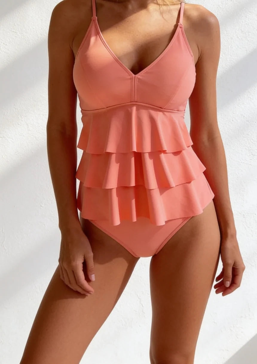 Tankini Women Two Piece Solid Ruffle Long Top Tummy Coverage