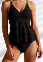 Tankini Women Two Piece Solid Ruffle Long Top Tummy Coverage