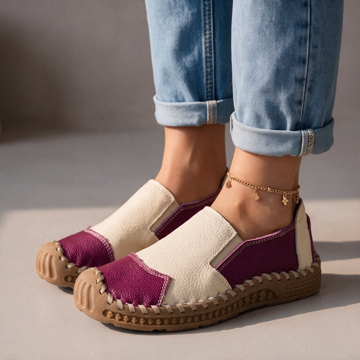 Women Orthopedic Shoes Leather Slip On Flat Hand Stitched Sole