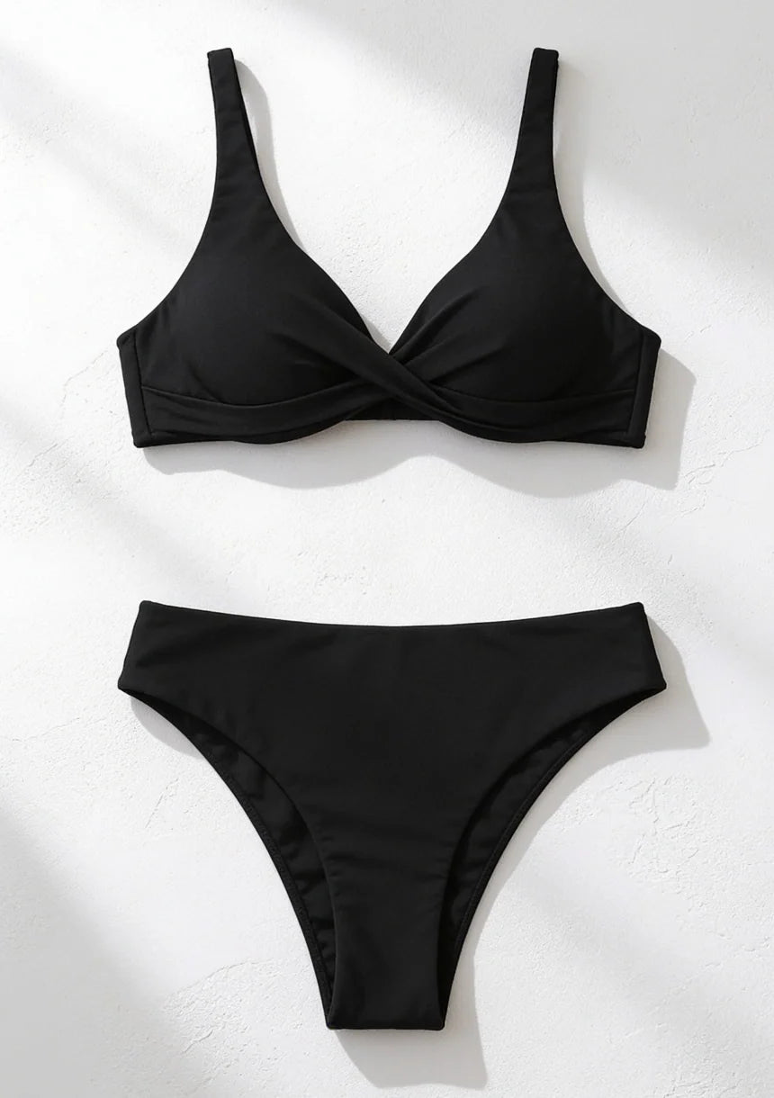 High waist bikini set women two piece swimsuit solid pattern