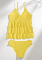 Tankini Women Two Piece Solid Ruffle Long Top Tummy Coverage