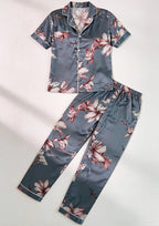 Satin Pajamas Women Floral Print Button Up Short Sleeve Two Piece Set