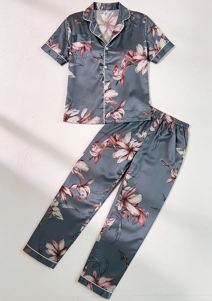 Satin Pajamas Women Floral Print Button Up Short Sleeve Two Piece Set