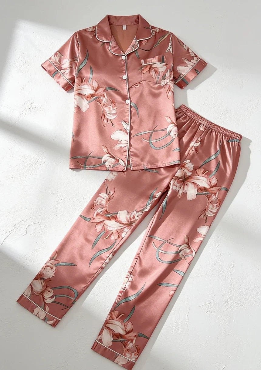 Satin Pajamas Women Floral Print Button Up Short Sleeve Two Piece Set