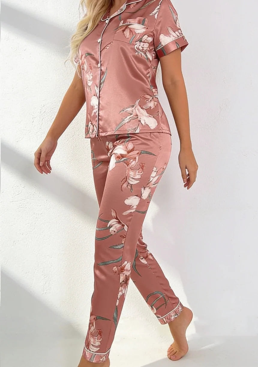 Satin Pajamas Women Floral Print Button Up Short Sleeve Two Piece Set