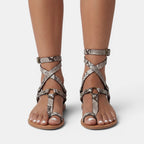 Orthopedic Sandals Women | Snake Print Crossover Strappy Flat Sandals