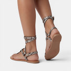 Orthopedic Sandals Women | Snake Print Crossover Strappy Flat Sandals