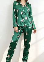 Christmas Pajamas Women Green Satin Penguin Print Long Sleeve Set