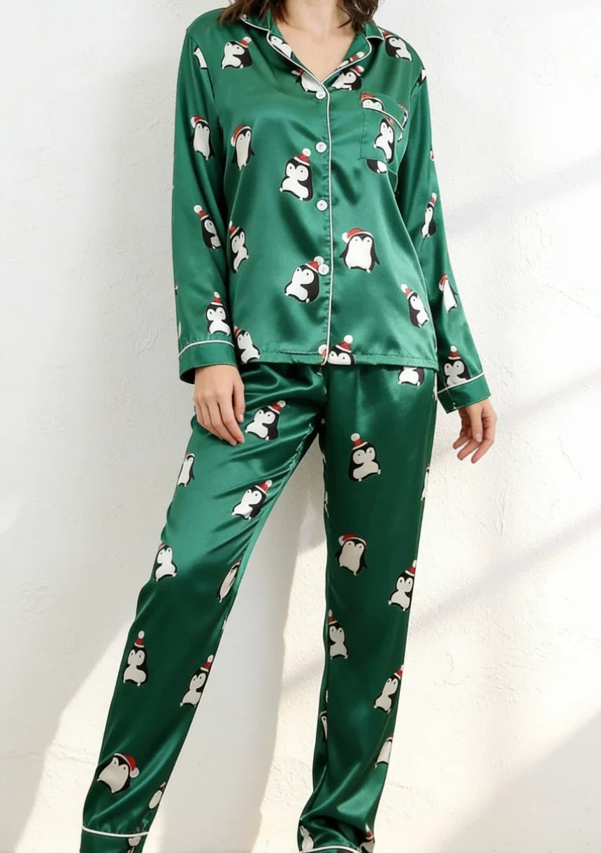 Christmas Pajamas Women Green Satin Penguin Print Long Sleeve Set