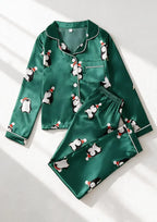 Christmas Pajamas Women Green Satin Penguin Print Long Sleeve Set