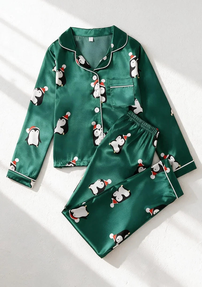 Christmas Pajamas Women Green Satin Penguin Print Long Sleeve Set