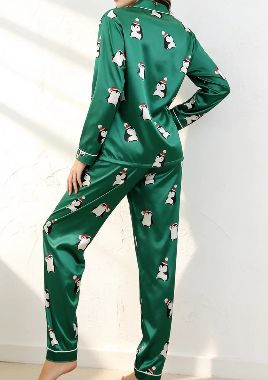 Christmas Pajamas Women Green Satin Penguin Print Long Sleeve Set