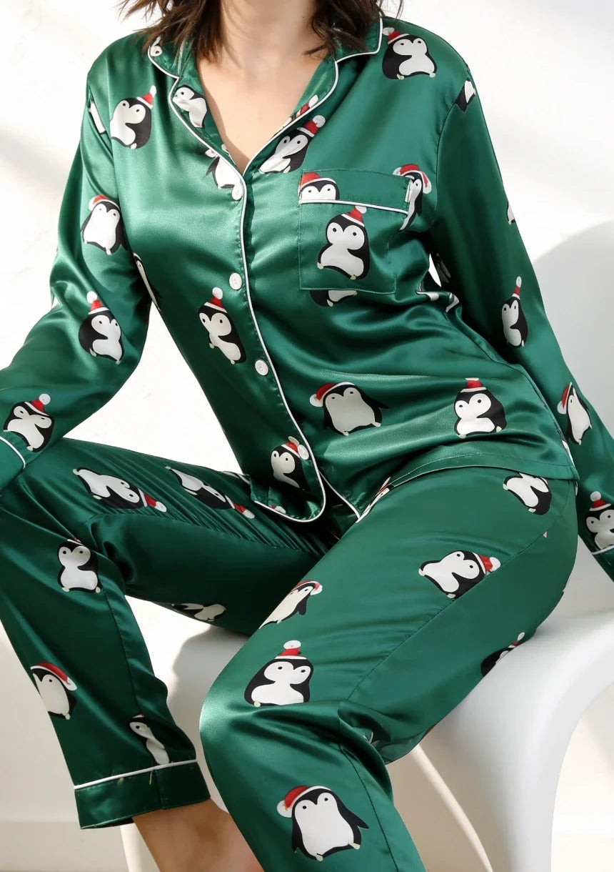 Christmas Pajamas Women Green Satin Penguin Print Long Sleeve Set