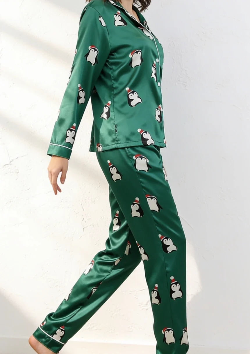 Christmas Pajamas Women Green Satin Penguin Print Long Sleeve Set