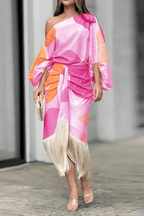 Wrap Dress Women Midi One Shoulder Balloon Sleeve Fringe Hem
