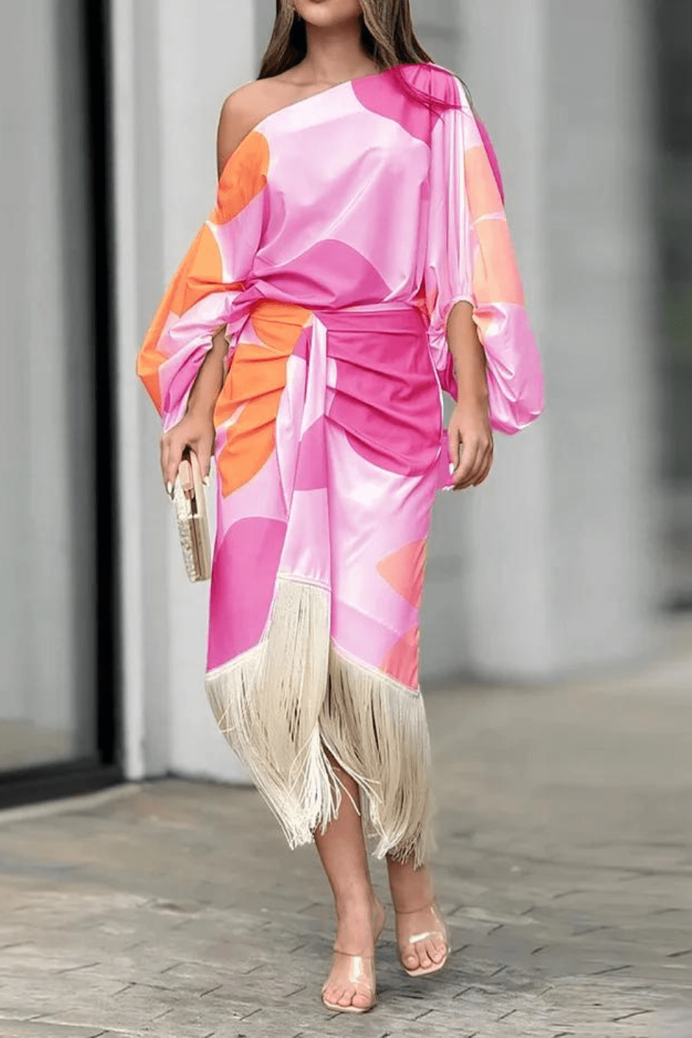 Wrap Dress Women Midi One Shoulder Balloon Sleeve Fringe Hem