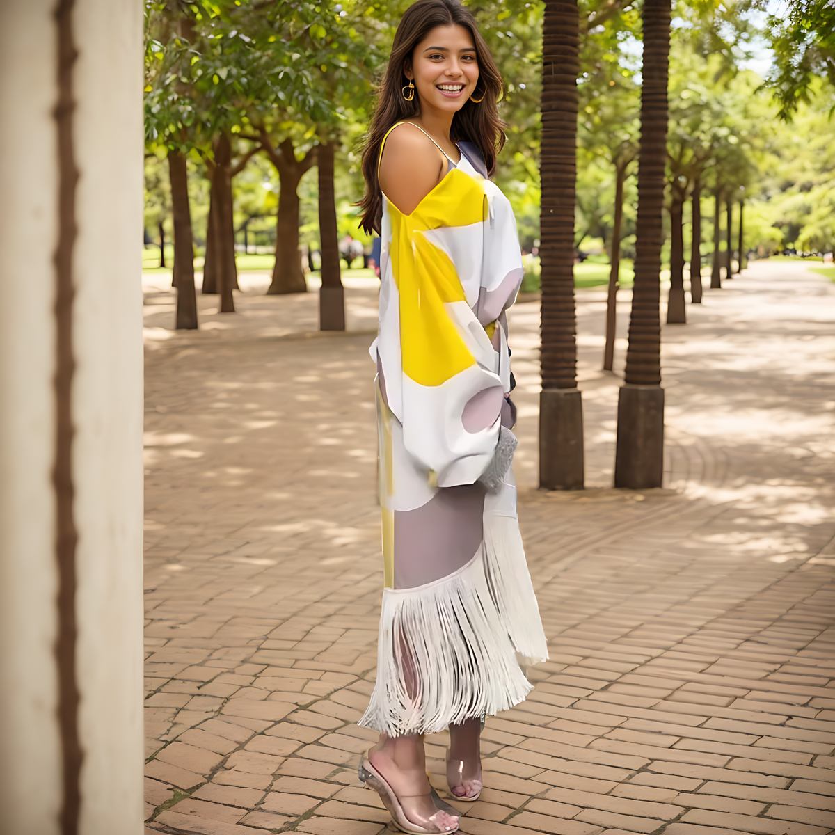 Wrap Dress Women Midi One Shoulder Balloon Sleeve Fringe Hem