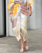 Wrap Dress Women Midi One Shoulder Balloon Sleeve Fringe Hem