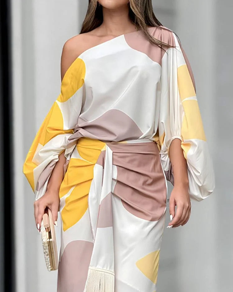 Wrap Dress Women Midi One Shoulder Balloon Sleeve Fringe Hem
