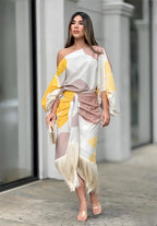 Wrap Dress Women Midi One Shoulder Balloon Sleeve Fringe Hem