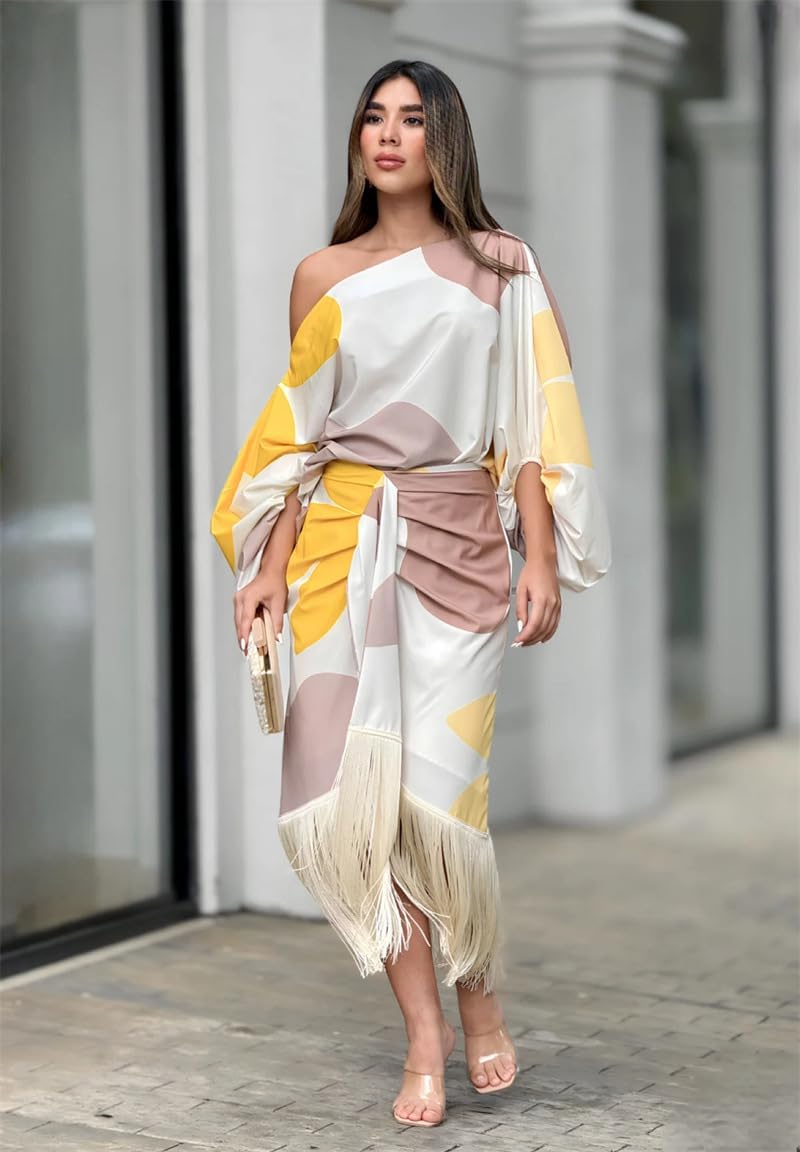 Wrap Dress Women Midi One Shoulder Balloon Sleeve Fringe Hem