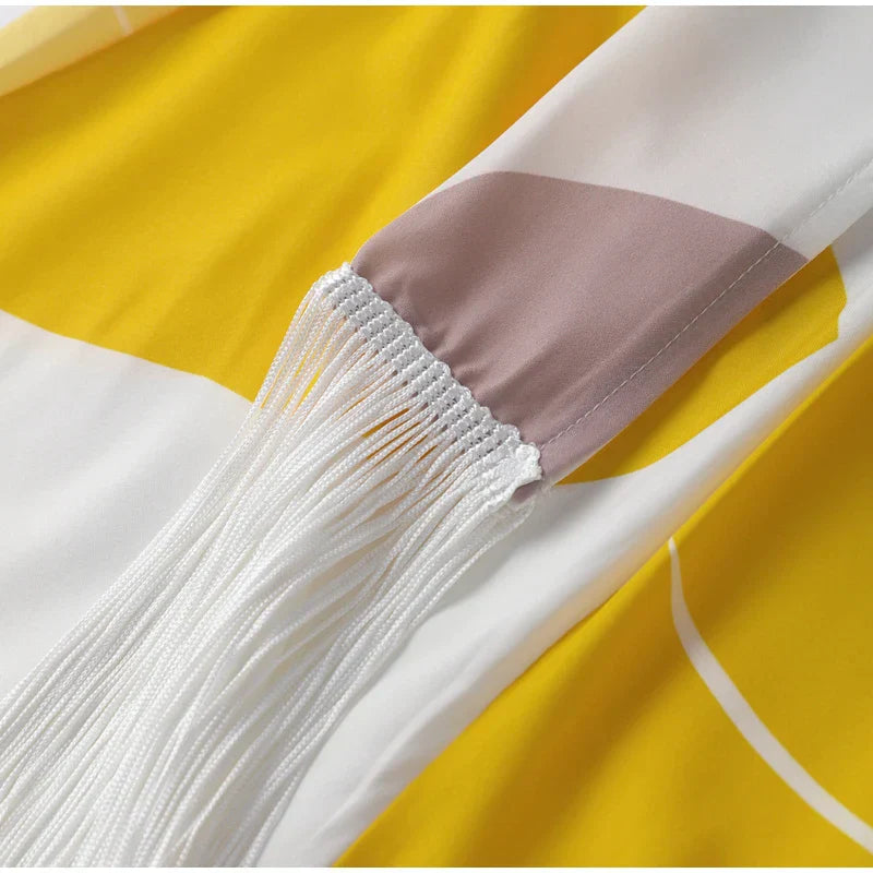 Wrap Dress Women Midi One Shoulder Balloon Sleeve Fringe Hem