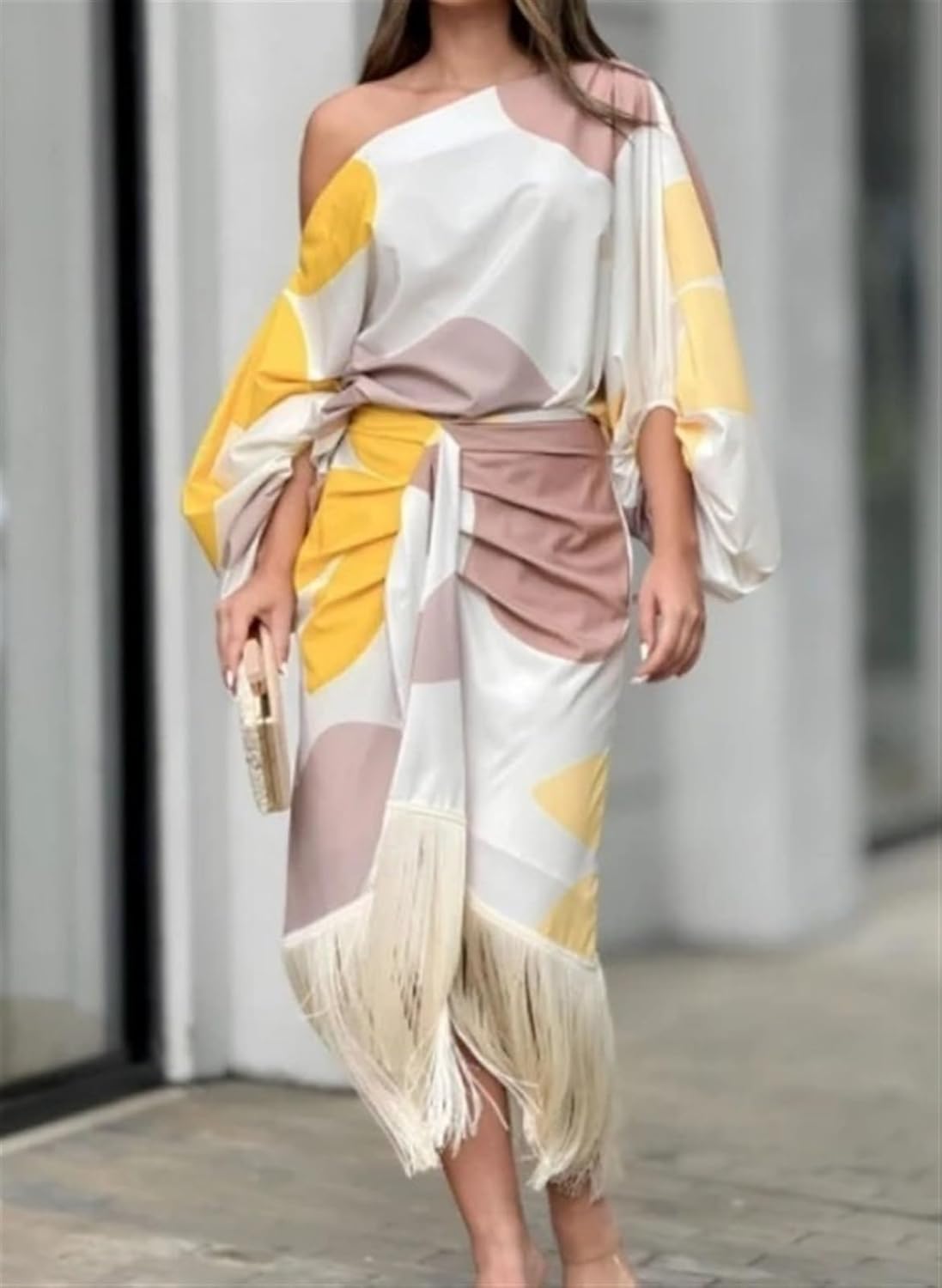 Wrap Dress Women Midi One Shoulder Balloon Sleeve Fringe Hem