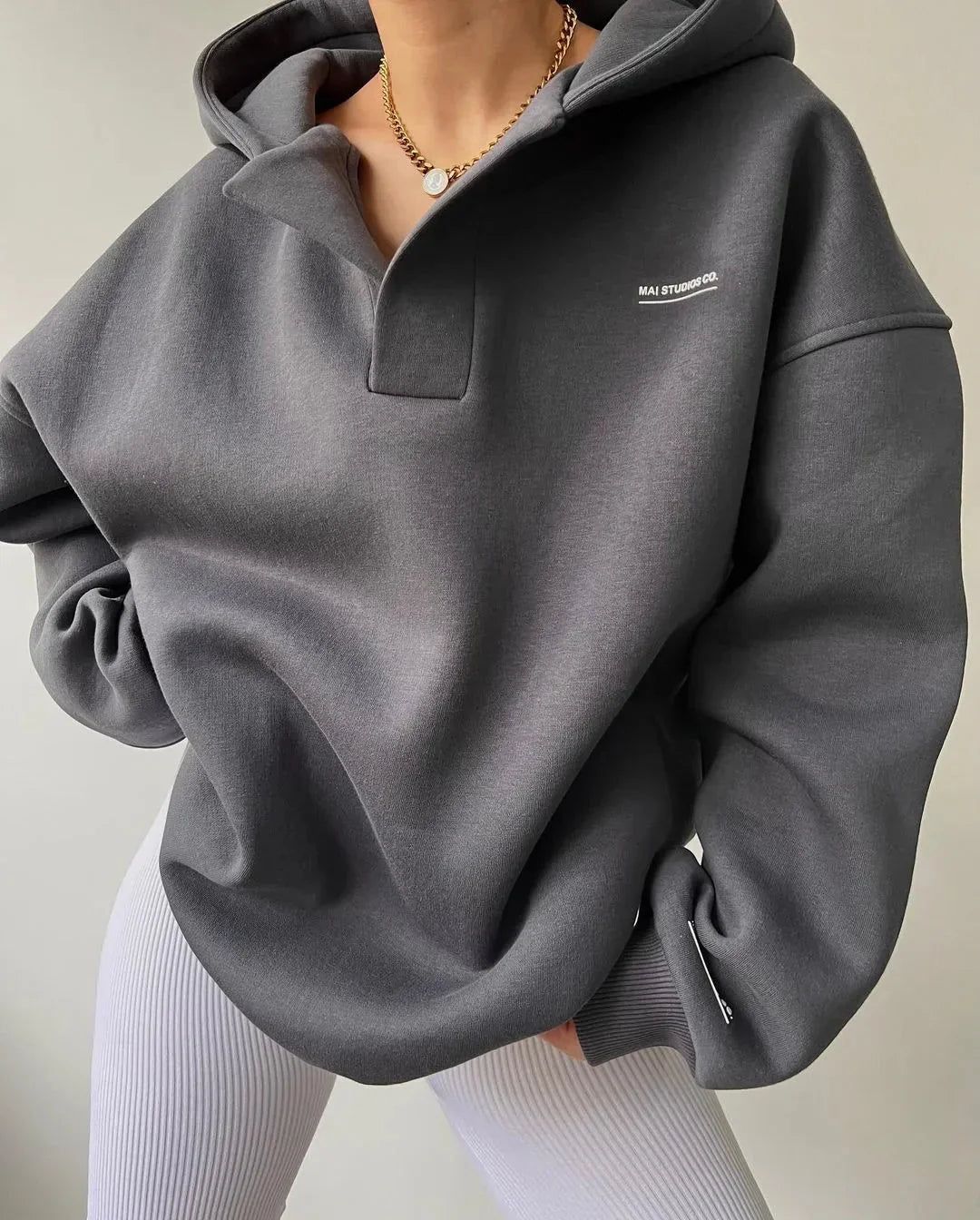 Women Oversized Pullover Hoodie Notch Neck Drop Shoulder