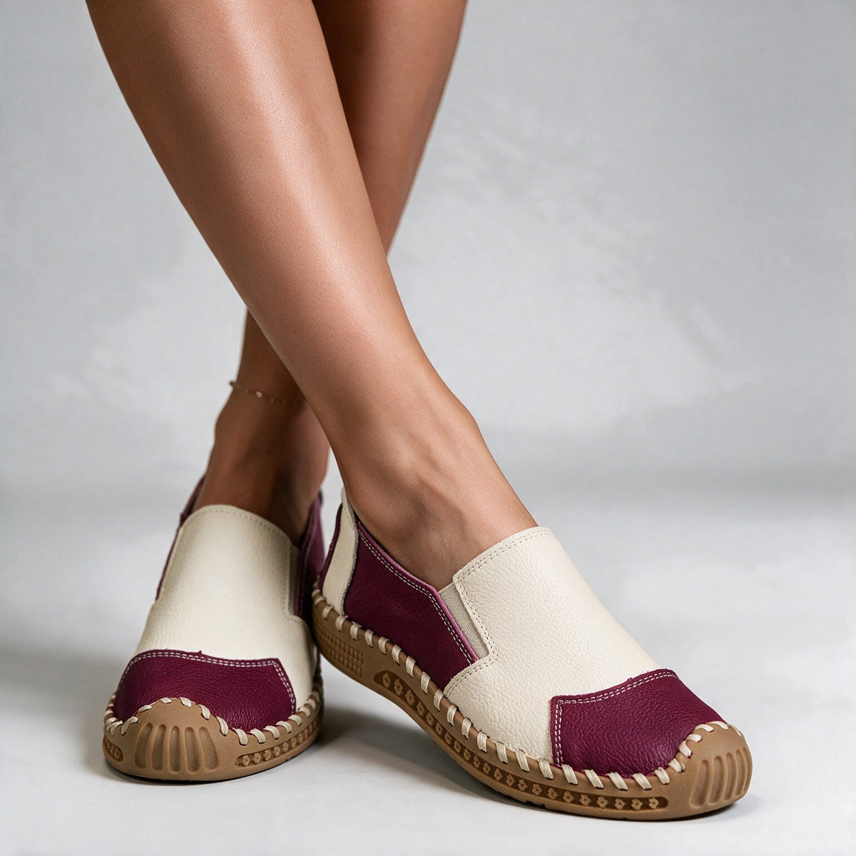 Women Orthopedic Shoes Leather Slip On Flat Hand Stitched Sole
