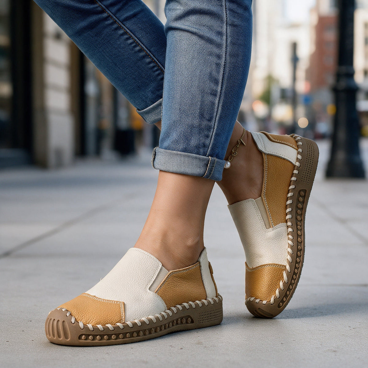 Women Orthopedic Shoes Leather Slip On Flat Hand Stitched Sole