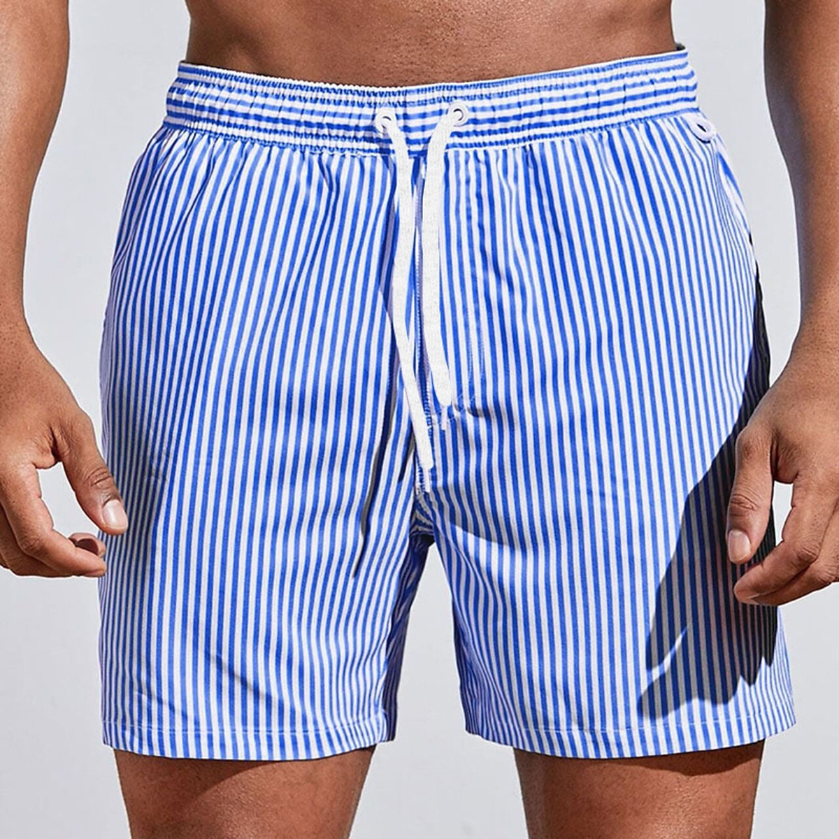 Mens Shorts Striped Swimwear Trunks Side Pockets Knee Length