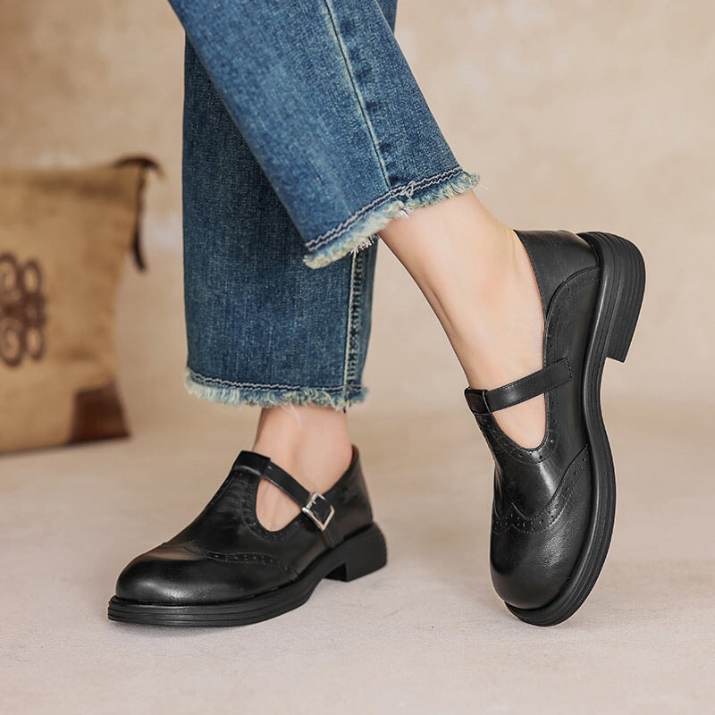 Kestrel | Mary Jane Shoes | Brogue T-Strap, Sheepskin | Brown & Black