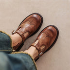 Kestrel | Mary Jane Shoes | Brogue T-Strap, Sheepskin | Brown & Black