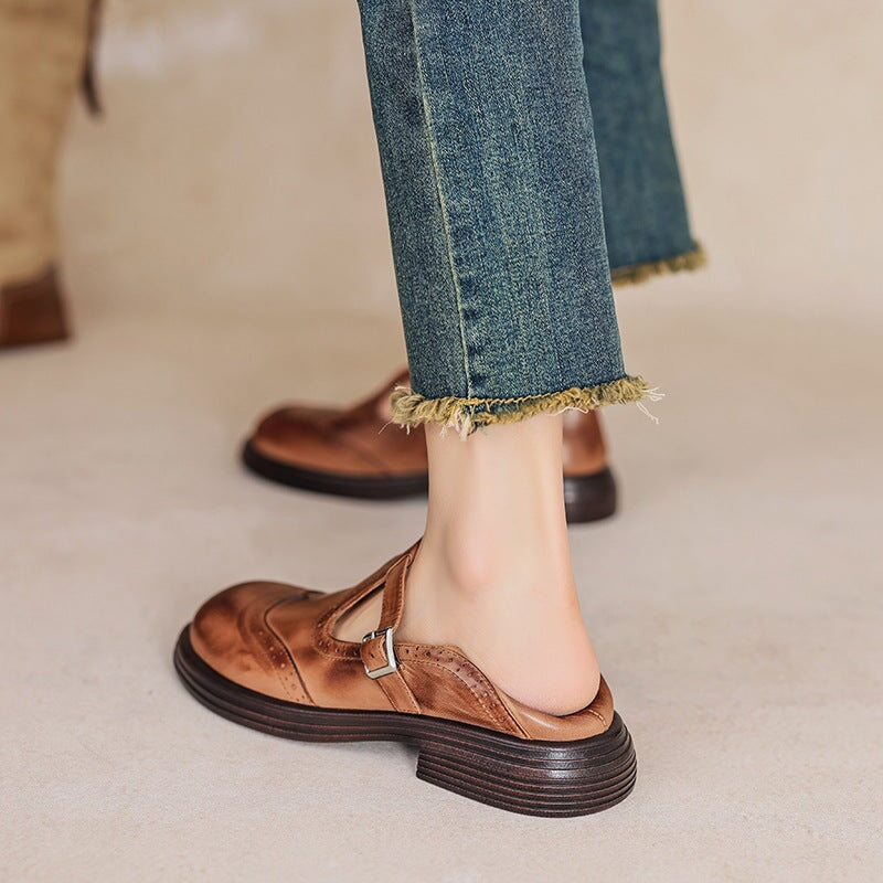 Kestrel | Mary Jane Shoes | Brogue T-Strap, Sheepskin | Brown & Black