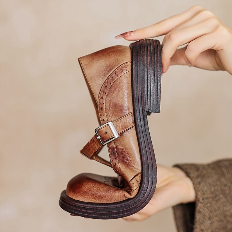 Kestrel | Mary Jane Shoes | Brogue T-Strap, Sheepskin | Brown & Black