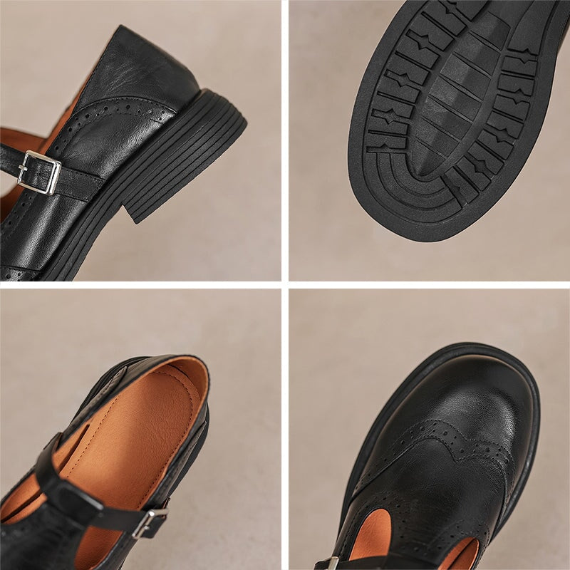 Kestrel | Mary Jane Shoes | Brogue T-Strap, Sheepskin | Brown & Black