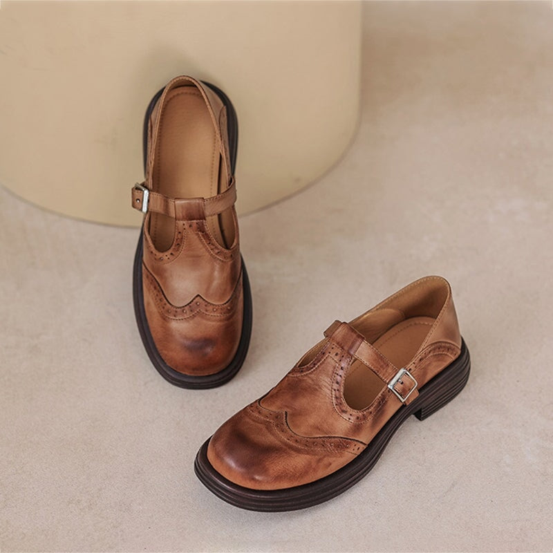 Kestrel | Mary Jane Shoes | Brogue T-Strap, Sheepskin | Brown & Black